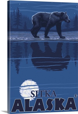 Bear in Moonlight - Sitka, Alaska: Retro Travel Poster