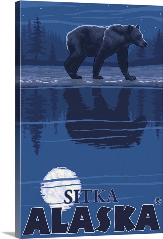 Bear in Moonlight - Sitka, Alaska: Retro Travel Poster Wall Art, Canvas ...