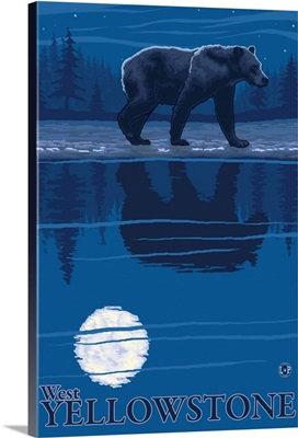 Bear in Moonlight - West Yellowstone, Montana: Retro Travel Poster