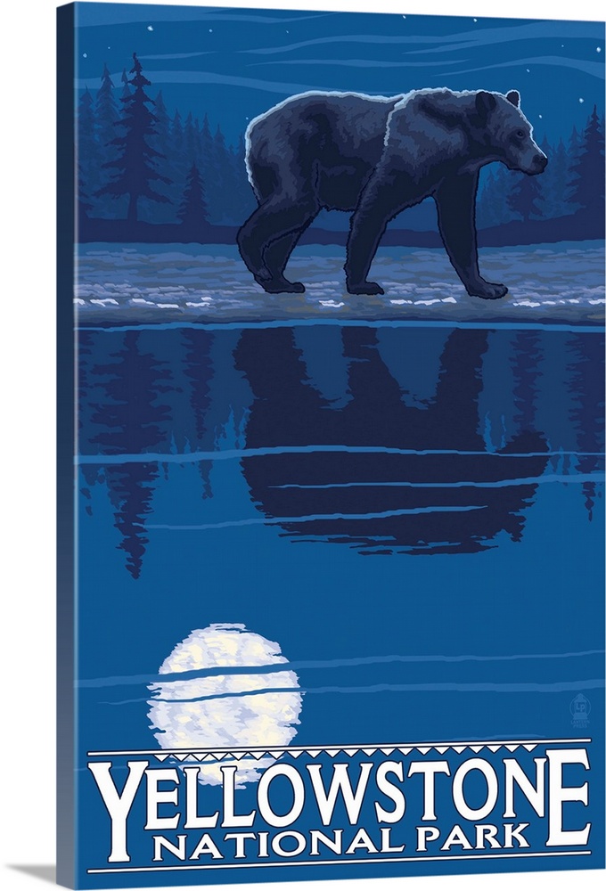 Bear in Moonlight - Yellowstone National Park: Retro Travel Poster