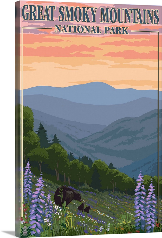 Bears and Spring Flowers - Great Smoky Mountains National Park, TN: Retro Travel Poster