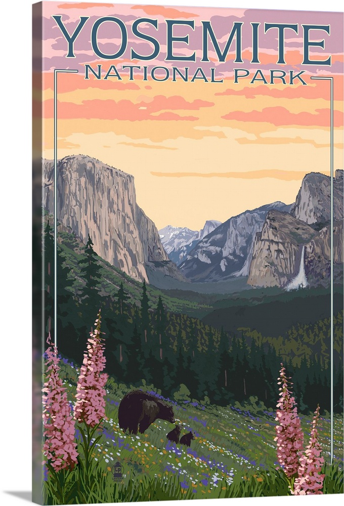 Bears and Spring Flowers - Yosemite National Park, California: Retro Travel Poster
