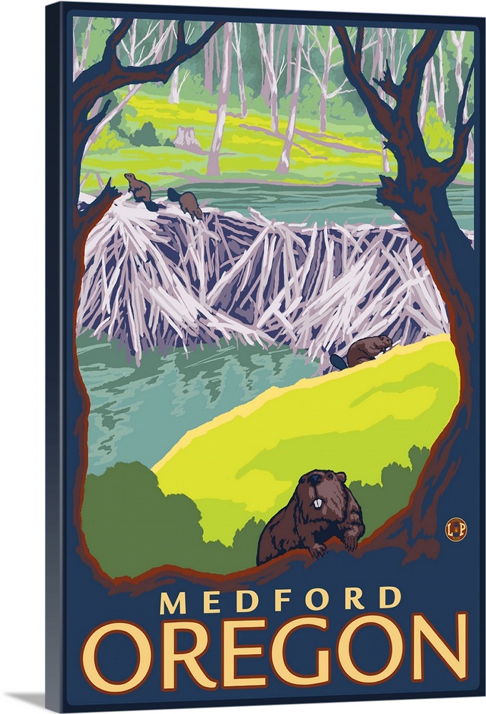 Beaver Family - Medford, Oregon: Retro Travel Poster