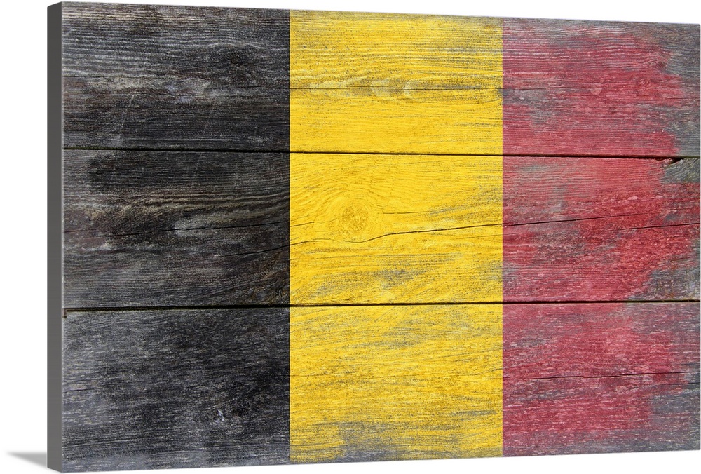 The flag of Belgium with a weathered wooden board effect.