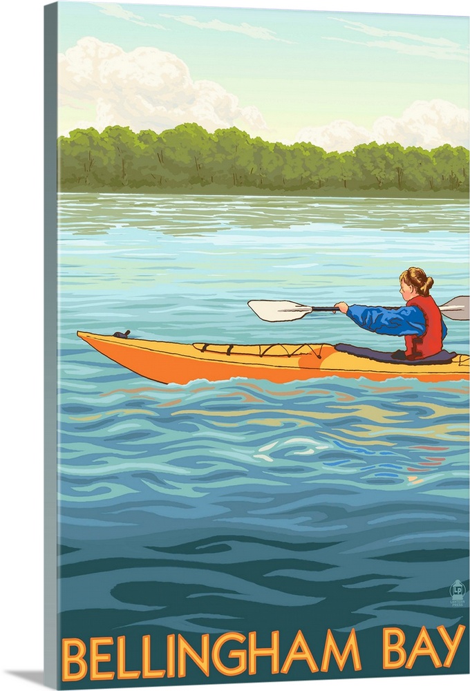 Retro stylized art poster of a woman in a kayak on a clear blue lake.