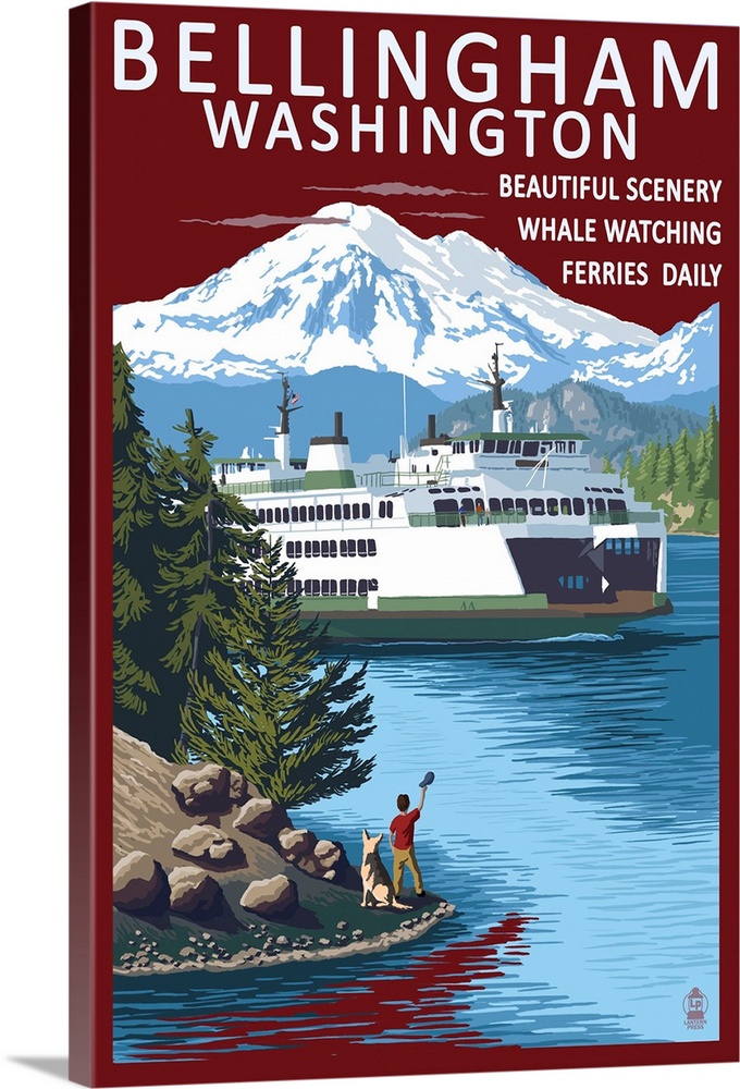 Retro stylized art poster of a ferry in on a river. With snow covered mountains in the background.