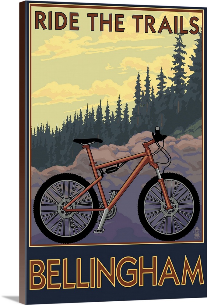 Retro stylized art poster of a mountain bike, with a dense forest in the background.