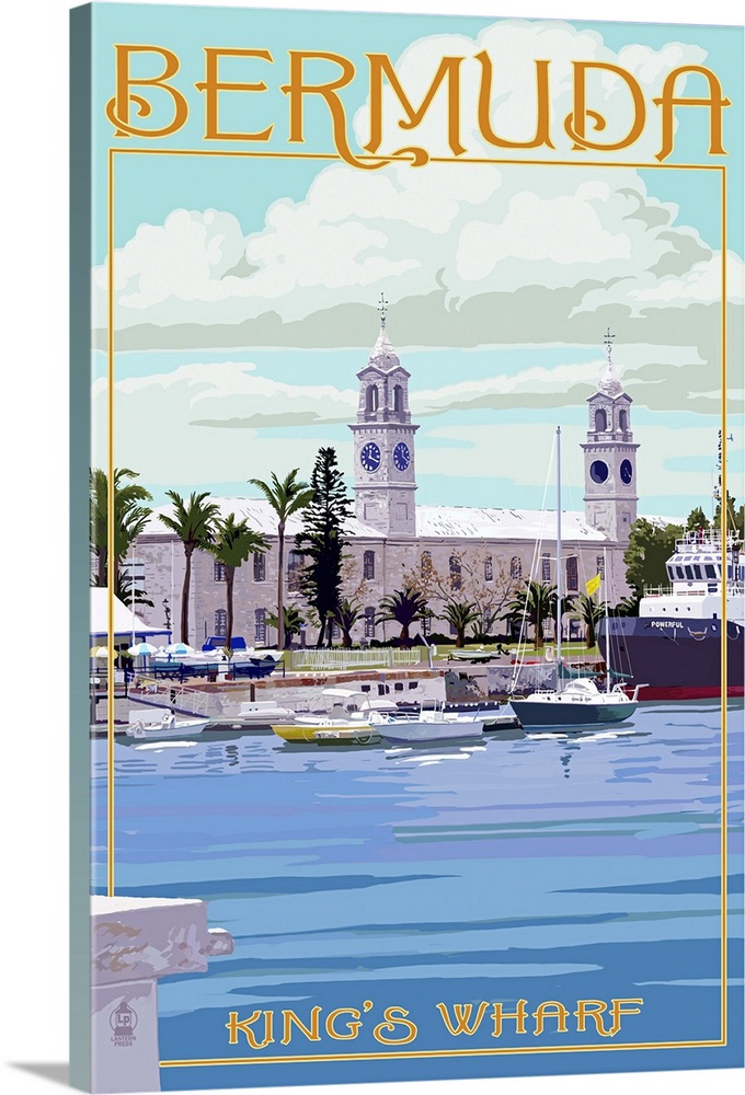 Retro stylized art poster of a wharf, with boats and architecture.