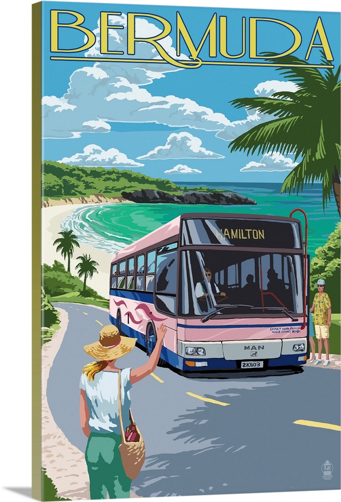 Bermuda - Pink Bus on Coastline: Retro Travel Poster | Large Solid-Faced Canvas Wall Art Print | Great Big Canvas