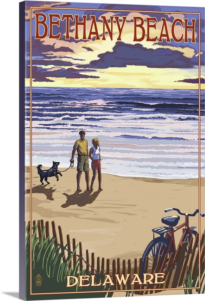 Bethany Beach, Delaware - Beach and Sunset: Retro Travel Poster