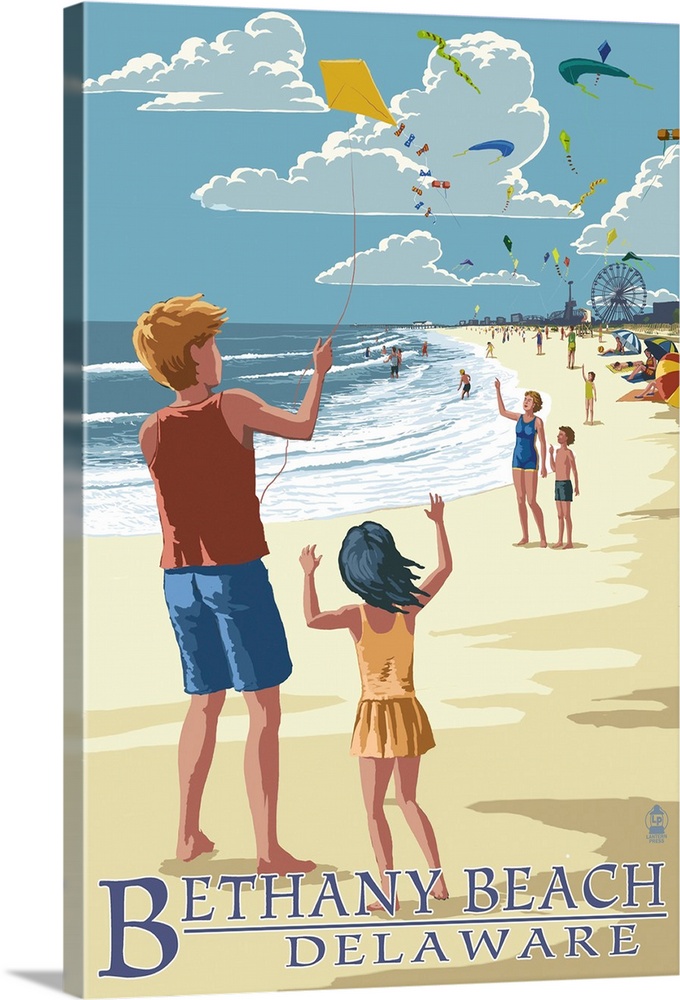 Bethany Beach, Delaware - Kite Flyers: Retro Travel Poster