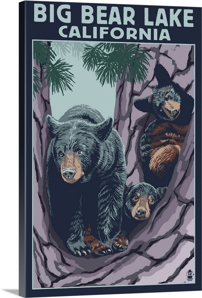 Big Bear Lake, California -Bear and Cubs: Retro Travel Poster
