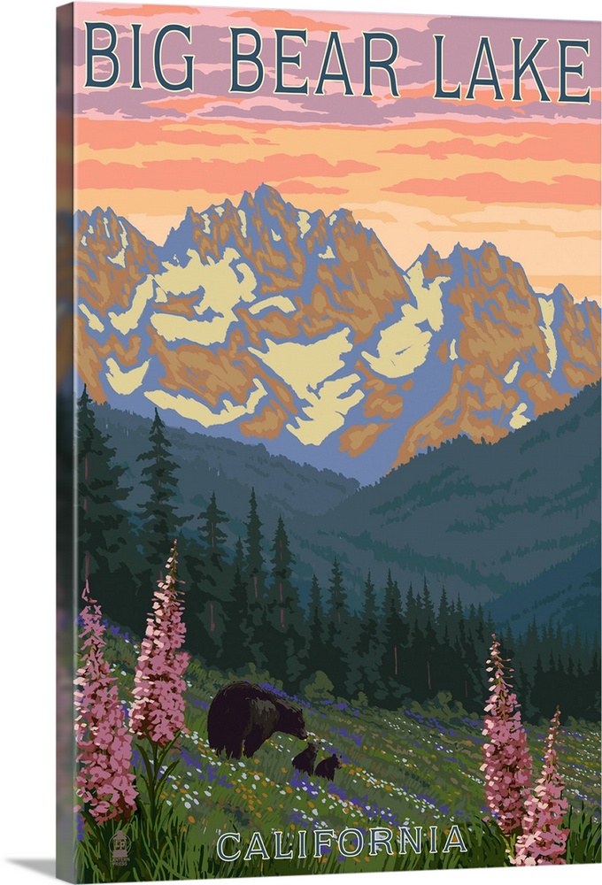 Big Bear Lake, California - Bears and Spring Flowers: Retro Travel Poster