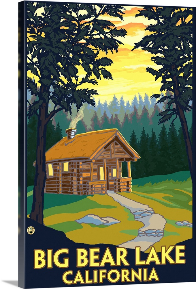 Big Bear Lake, California -Cabin in the Woods: Retro Travel Poster