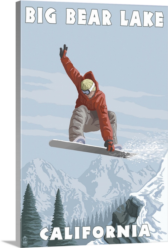 Big Bear Lake - California - Snowboarder Jumping: Retro Travel Poster