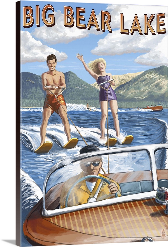 Big Bear Lake, California - Waterskiers: Retro Travel Poster
