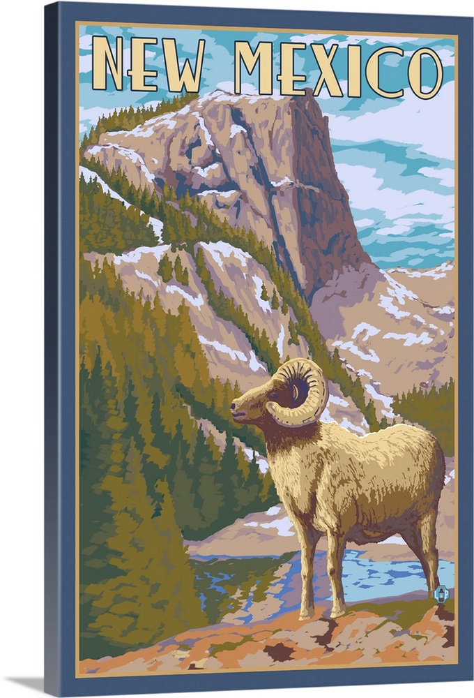 Retro stylized art poster of a full curl ram standing in a mountainous valley.