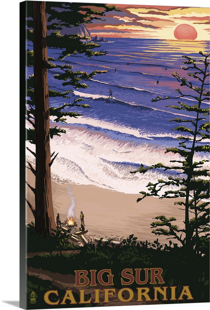Big Sur, California Surfing and Sunset: Retro Travel Poster