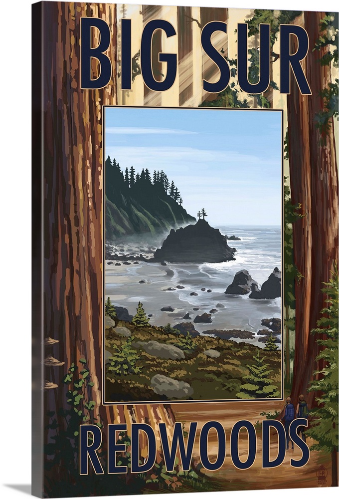 Retro stylized art poster of beach viewed through massive redwood trees.