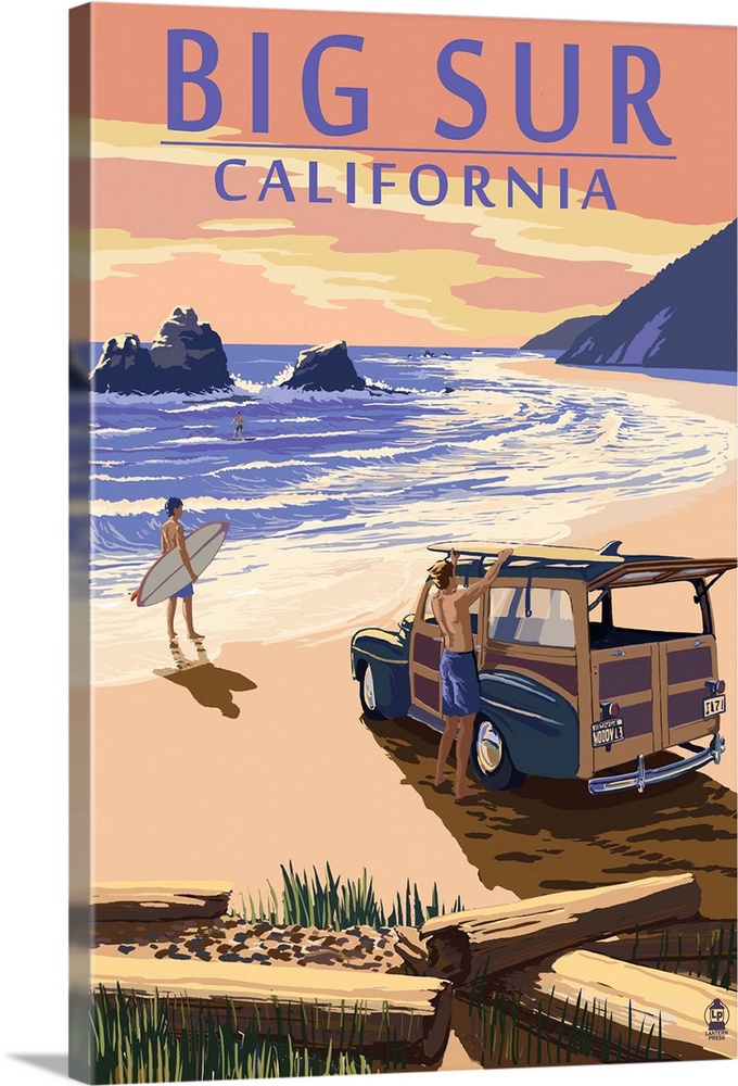 Big Sur, California - Woody on Beach: Retro Travel Poster