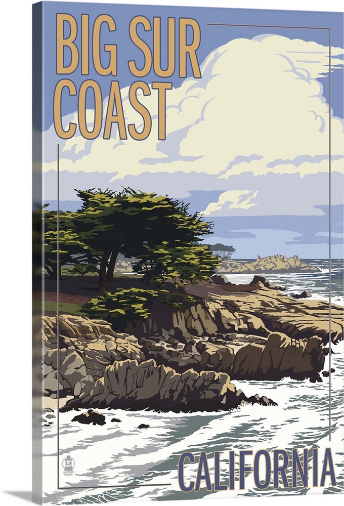Big Sur Coast, California - View of Cypress Trees: Retro Travel Poster