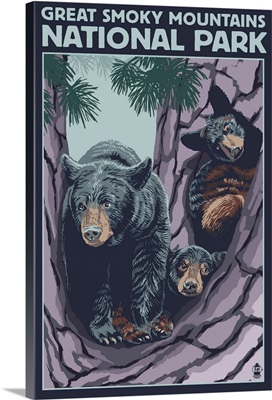 Black Bear and Cubs in Tree - Great Smoky Mountains National Park: Retro Travel Poster