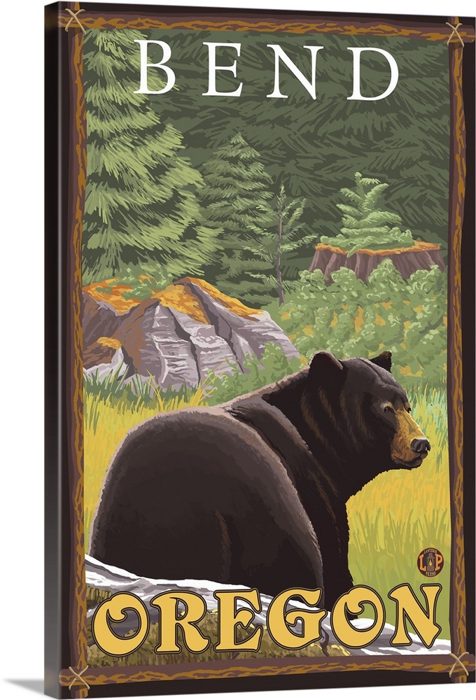 Black Bear in Forest - Bend, Oregon: Retro Travel Poster