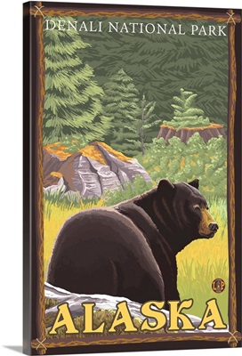 Black Bear in Forest - Denali National Park, Alaska: Retro Travel Poster