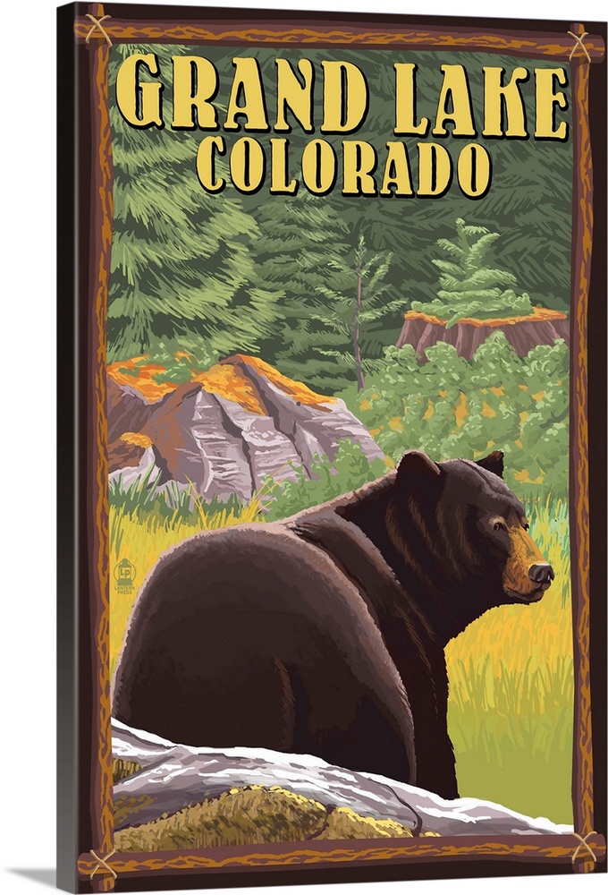 Retro stylized art poster of an adult black bear standing in a clearing of a pine forest with tree stumps.