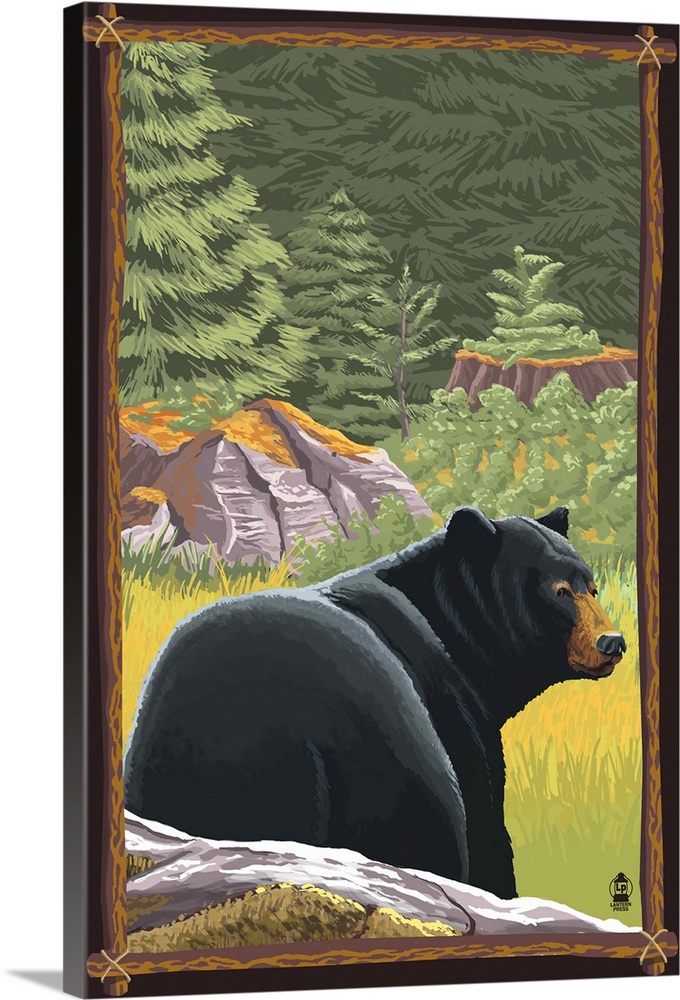 Black Bear in Forest: Retro Travel Poster