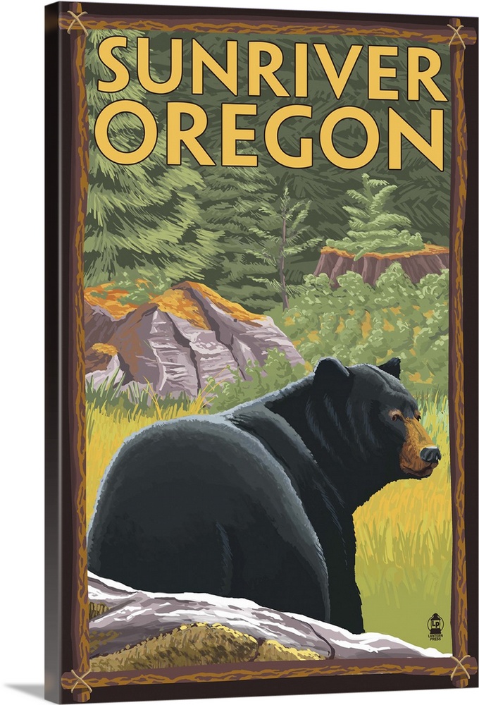 Black Bear in Forest - Sunriver, Oregon: Retro Travel Poster
