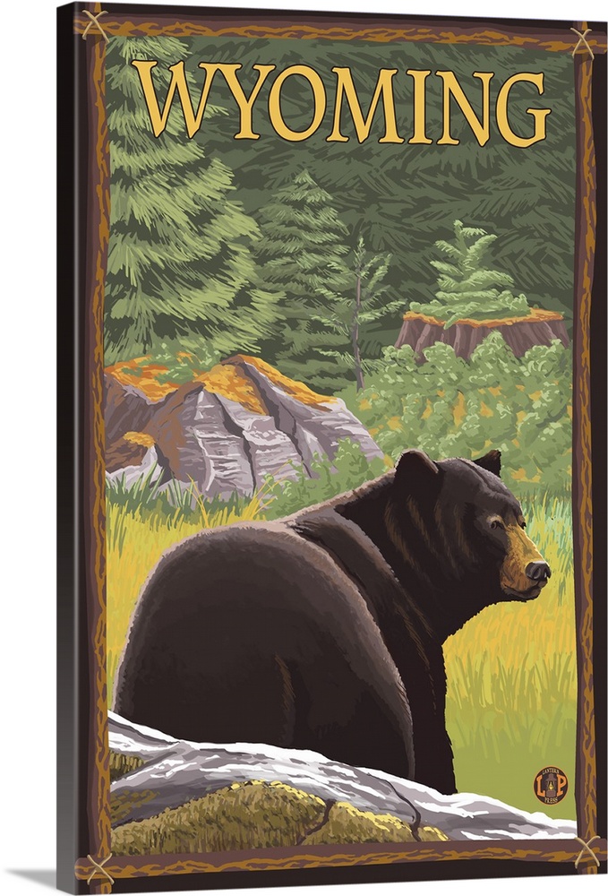Black Bear in Forest - Wyoming: Retro Travel Poster