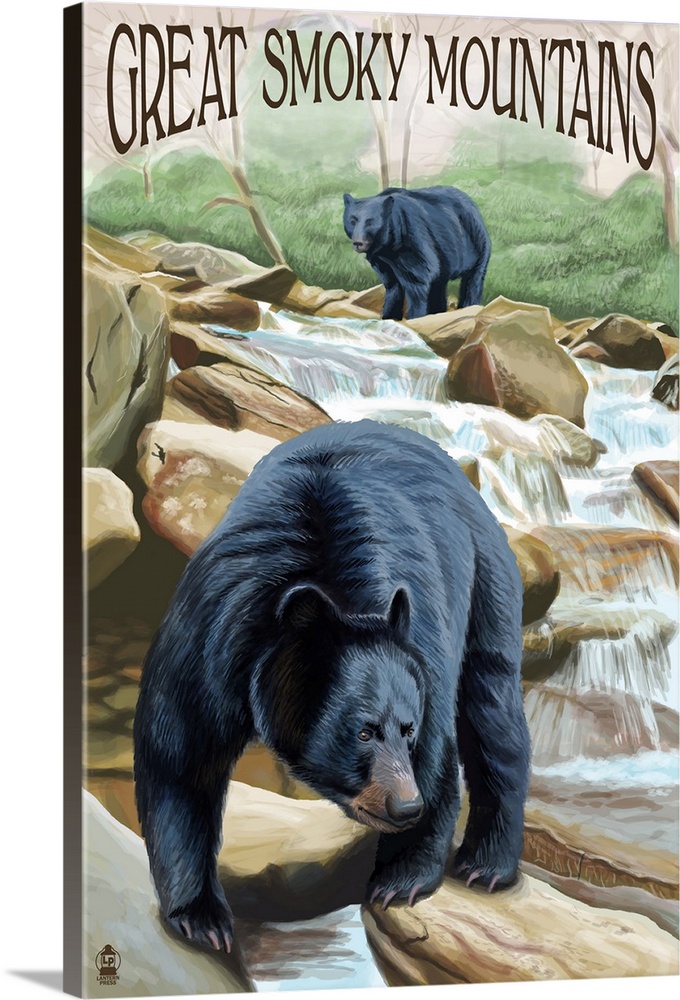 Retro stylized art poster of two black bears climbing over rocks in a stream in the forest.