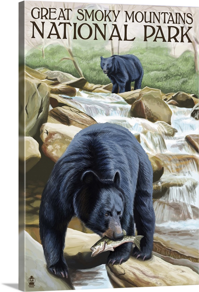 Black Bears Fishing - Smoky Mountains National Park, TN: Retro Travel Poster