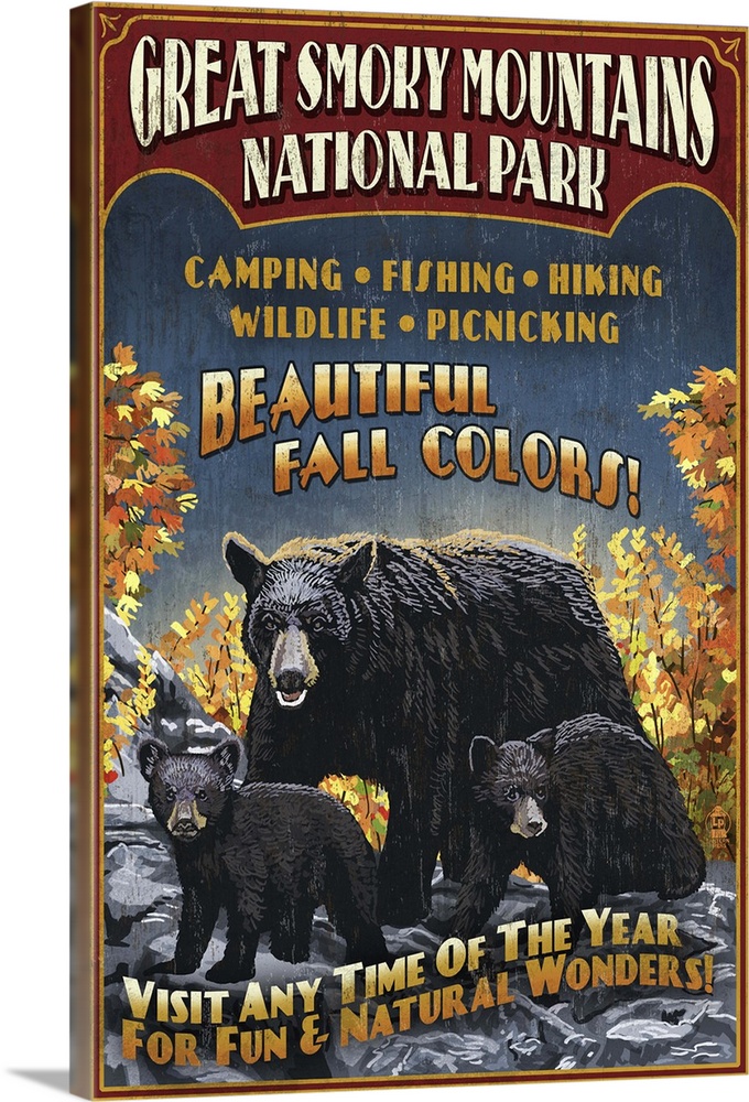 Black Bears Vintage Sign - Great Smoky Mountain National Park, TN: Retro Travel Poster