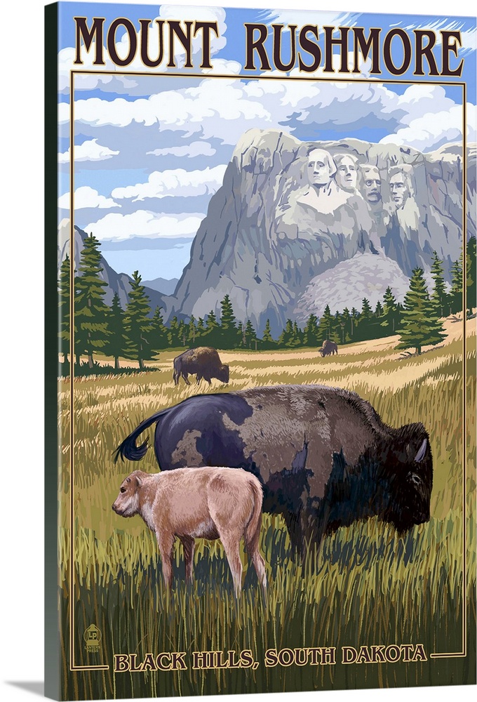 Retro stylized art poster of a mother bison and calf, grazing in a field, beneath mount Rushmore.
