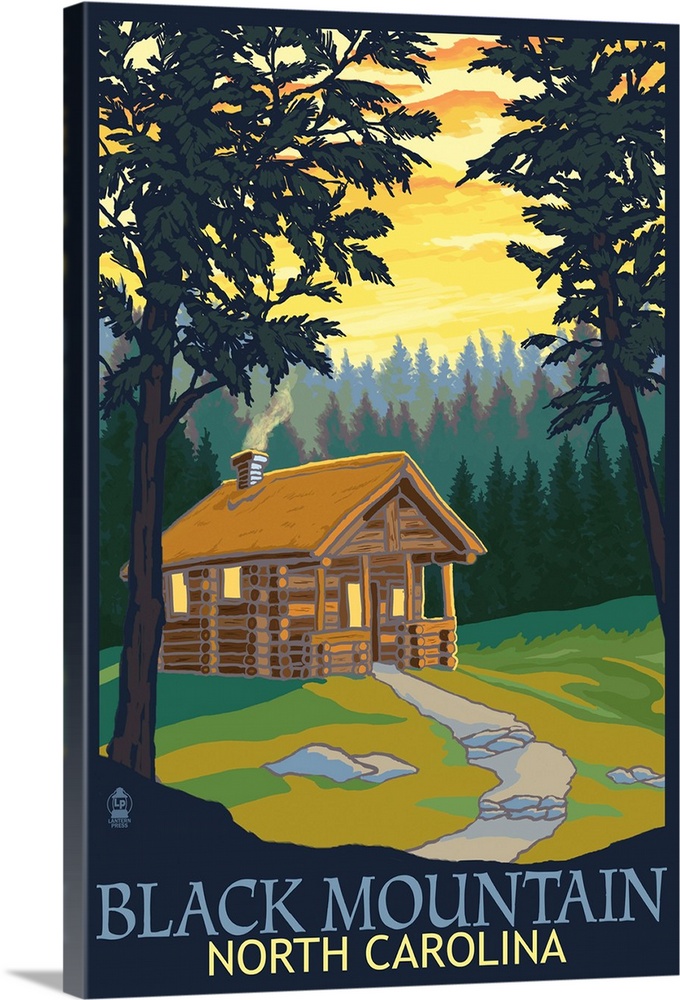 Retro stylized art poster of a cabin with smoke billowing out the chimney, in a forest.