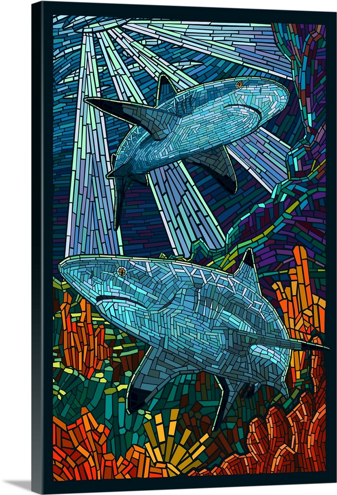 Black Tip Reef Shark - Paper Mosaic: Retro Poster Art