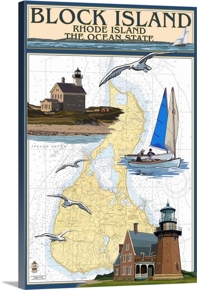 Block Island, Rhode Island - Nautical Chart: Retro Travel Poster