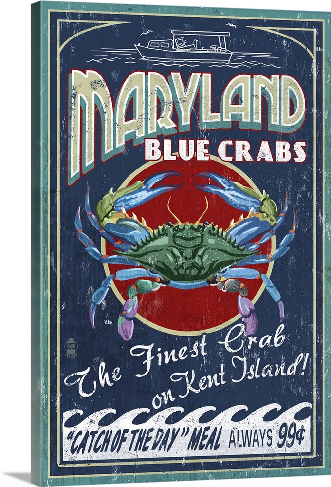 Blue Crabs Vintage Sign - Kent Island, Maryland: Retro Travel Poster