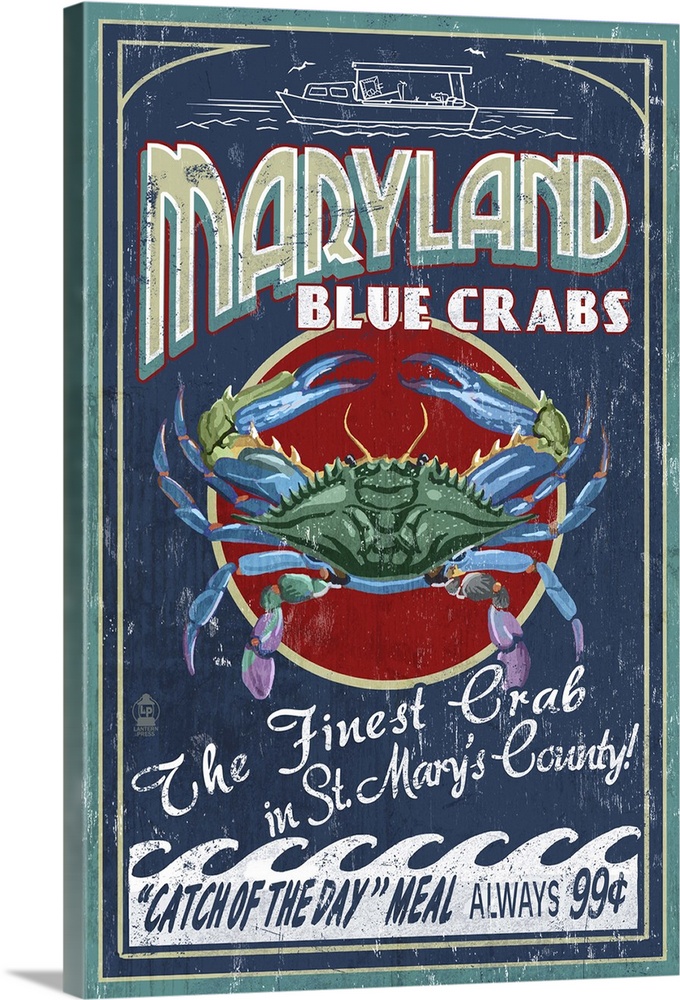 Blue Crabs Vintage Sign - St Mary's County, Maryland: Retro Travel Poster