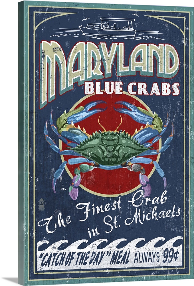 Blue Crabs Vintage Sign - St. Michaels, Maryland: Retro Travel Poster