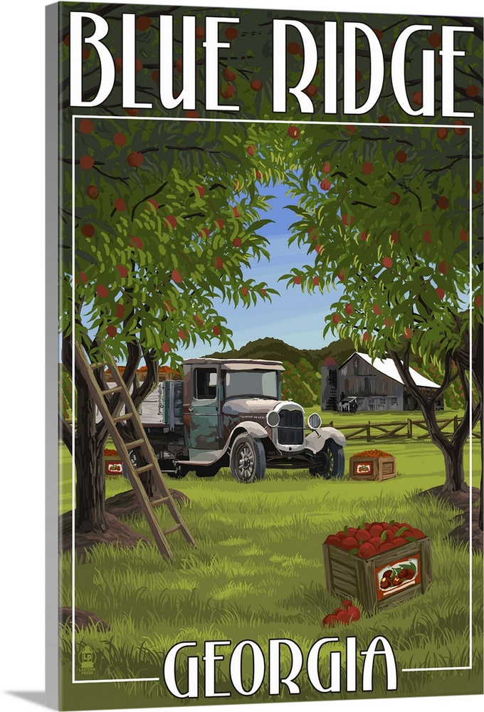 Retro stylized art poster of a vintage truck parked in an apple orchard.