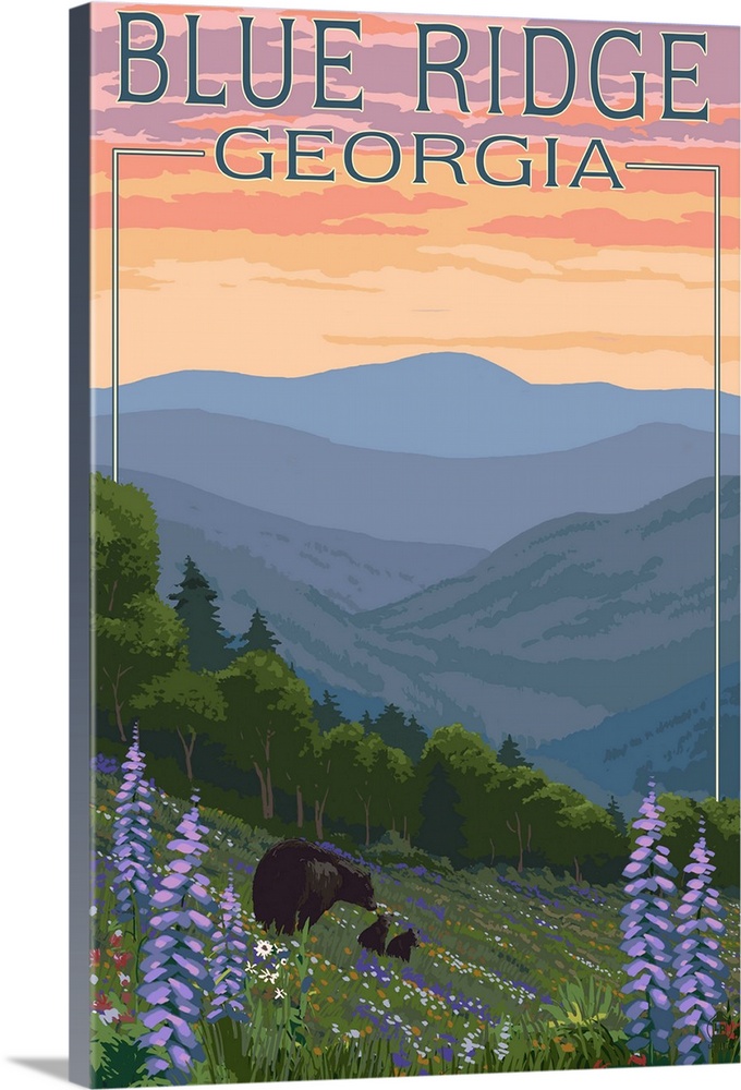 Blue Ridge Georgia - Bear Family and Spring Flowers: Retro Travel Poster