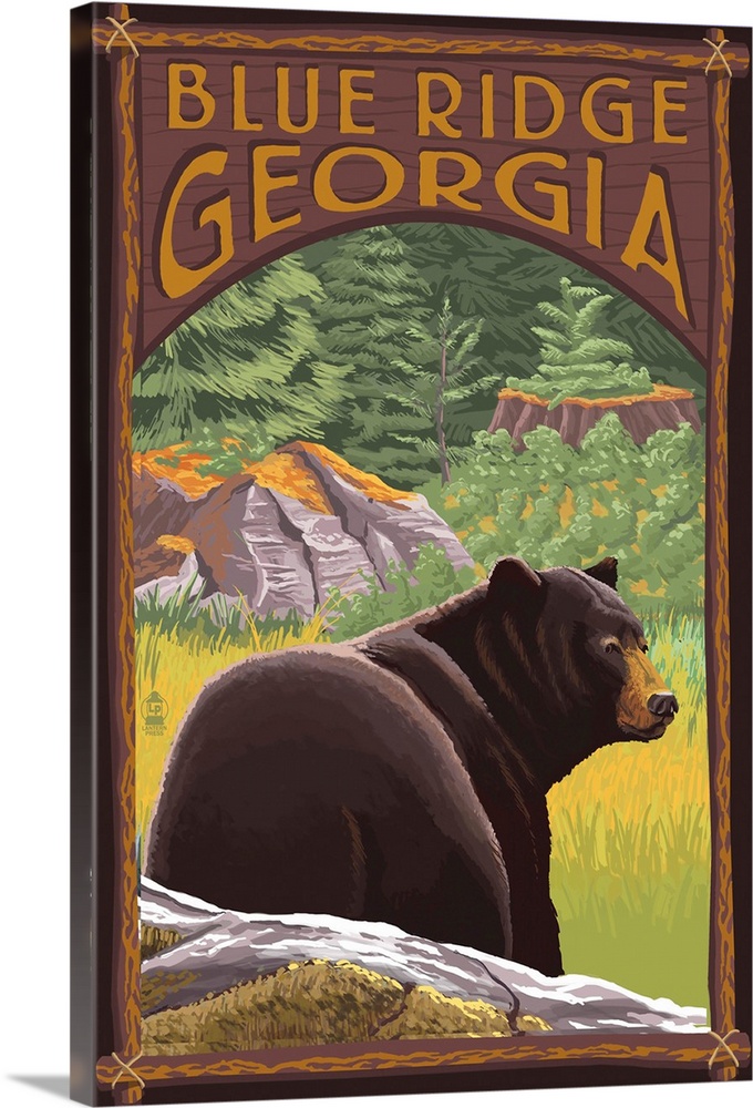 Retro stylized art poster of an adult black bear standing in a clearing of a pine forest with tree stumps.