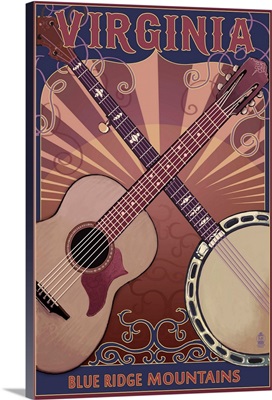 Blue Ridge Mountains - Banjo and Guitar: Retro Travel Poster