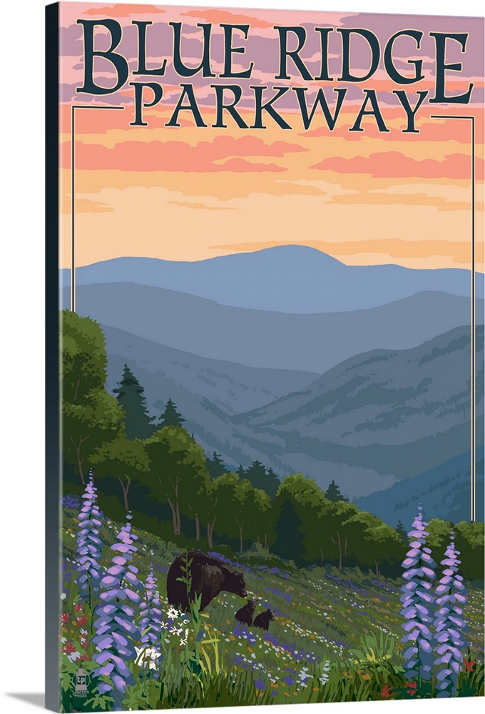 Blue Ridge Parkway - Bear Family and Spring Flowers: Retro Travel Poster