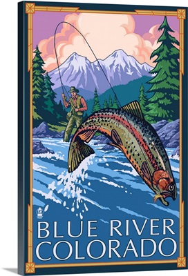 Blue River, Colorado - Fly Fisherman: Retro Travel Poster