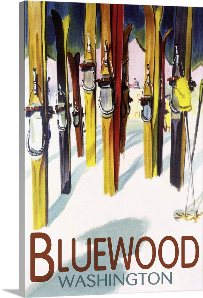 Bluewood, Washington - Colorful Skis: Retro Travel Poster
