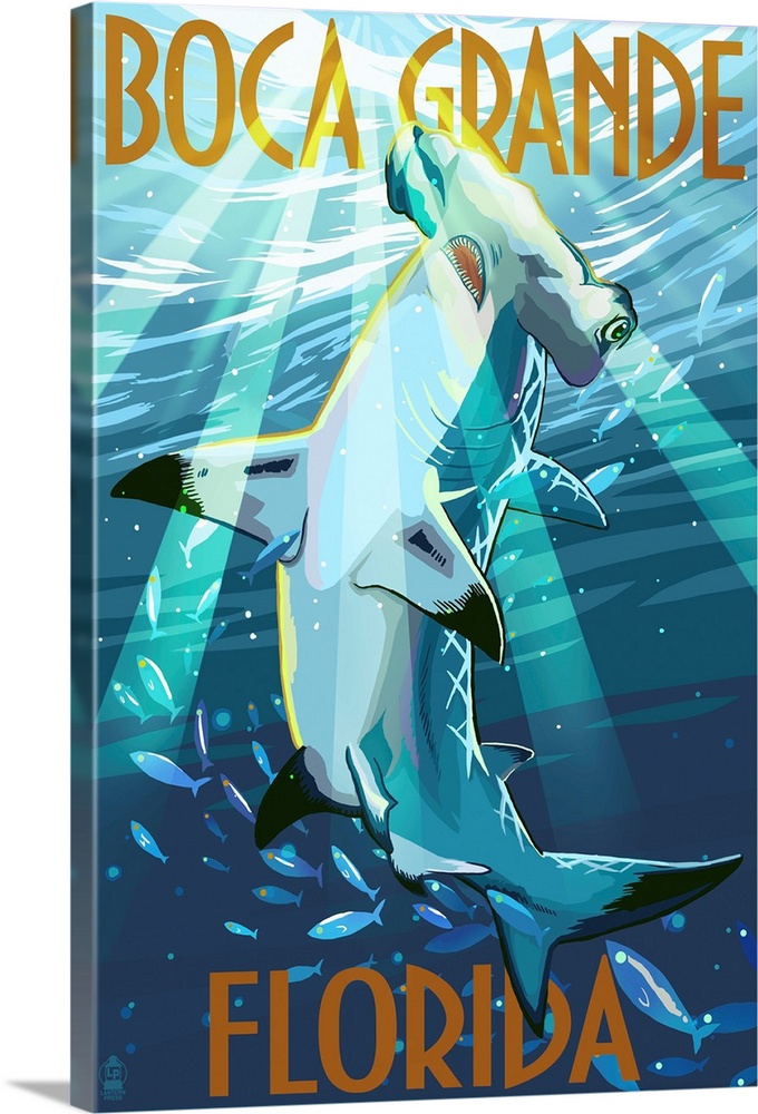 Stylized art poster of a hammerhead shark in the water, with rays of sunlight piercing the water.